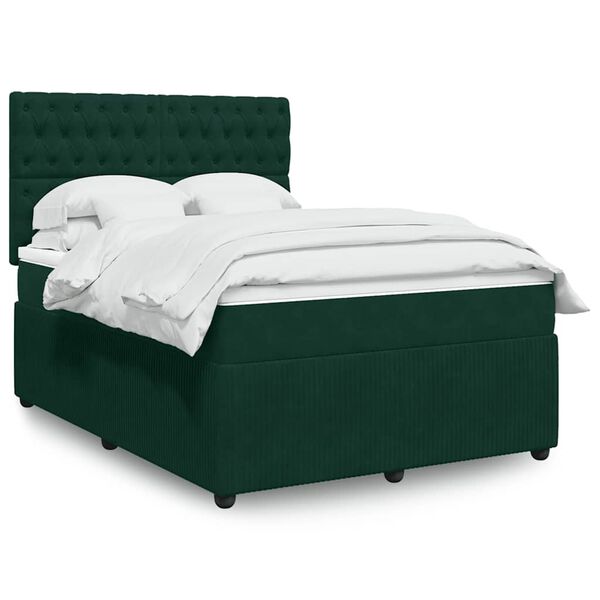 vidaXL Pat box spring cu saltea, verde &icirc;nchis, 140x190 cm, catifea