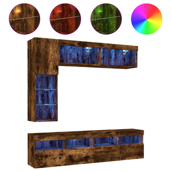 vidaXL Comode TV de perete cu lumini LED, 7 piese, stejar fumuriu