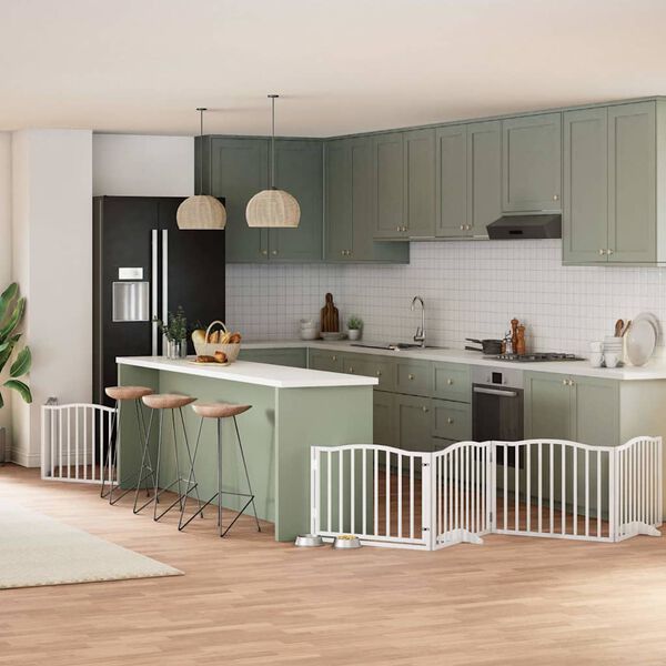 vidaXL Poartă c&acirc;ini pliabilă cu ușă, 6 panouri, alb, 480 cm, lemn plop