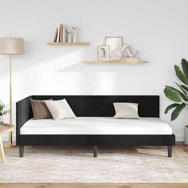 vidaXL Cadru de pat colțar cu headboard Negru 90 cm x 200 cm Catifea