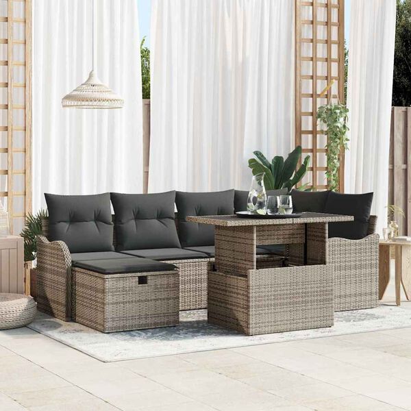 vidaXL Set de canapele pentru grădină cu pernă 7 pcs Gri Rattan poli