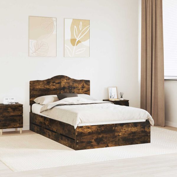 vidaXL Cadru de pat Stejar fumuriu 135 x 190 cm Lemn Ingineresc