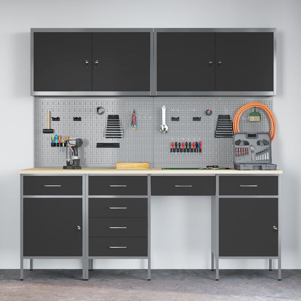 vidaXL Banc de lucru cu sertar 10 pcs Negru 200 x 55 x 200 cm Oțel