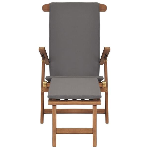 vidaXL Șezlong cu pernă, gri &icirc;nchis, lemn masiv de tec