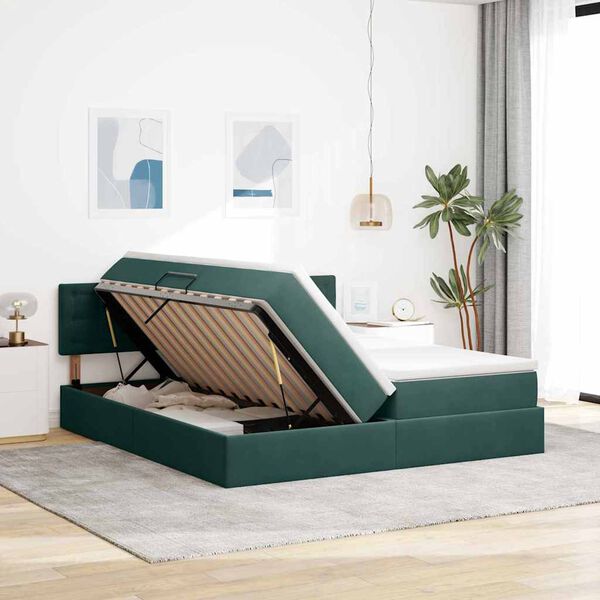 vidaXL Pat cu storage cu saltea cu headboard Verde &icirc;nchis 100 x 200 cm