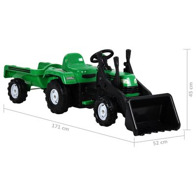 vidaXL Tractor copii cu pedale, remorcă şi încărcător, verde și negru