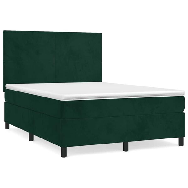 vidaXL Pat box spring cu saltea, verde &icirc;nchis, 140x200 cm, catifea