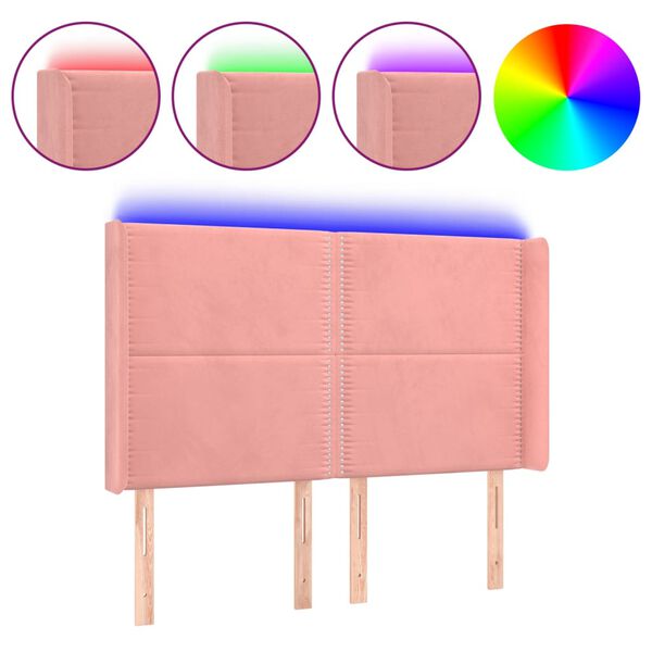 vidaXL Tăblie de pat cu LED, roz, 147x16x118/128 cm, catifea