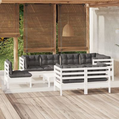vidaXL Set mobilier grădină cu perne, 9 piese, alb, lemn masiv pin