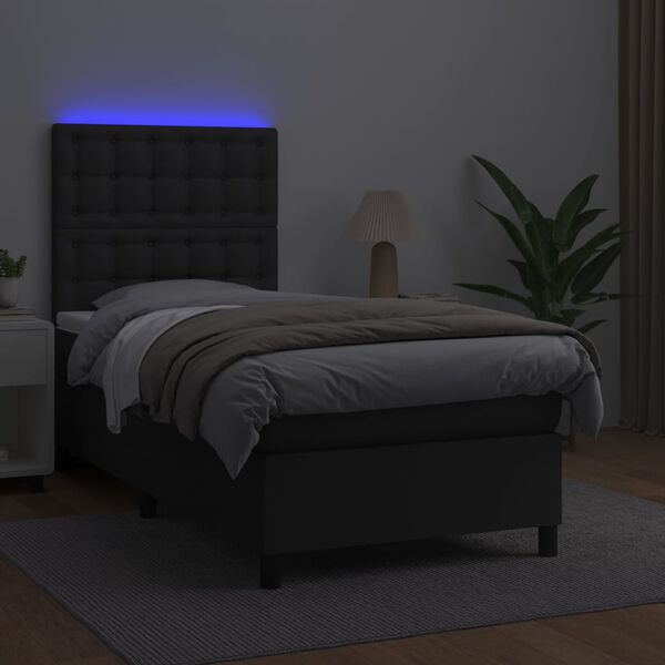 vidaXL Pat cu arcuri, cu saltea și LED, negru, 90x200 cm, piele eco