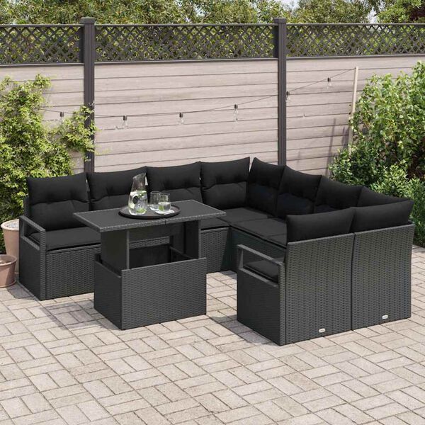vidaXL Set de canapele pentru grădină cu pernă 9 pcs Negru Rattan poli