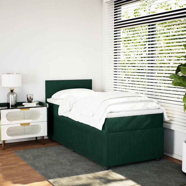 vidaXL Pat box spring cu saltea, verde &icirc;nchis, 90x190 cm, catifea