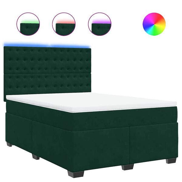vidaXL Pat box spring cu saltea, verde &icirc;nchis, 140x200 cm, catifea