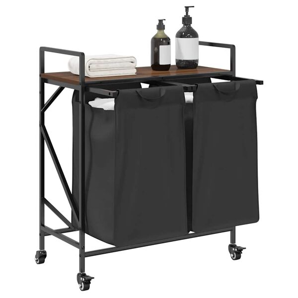 vidaXL Coș de rufe 2 compartimente cu roți stejar maro