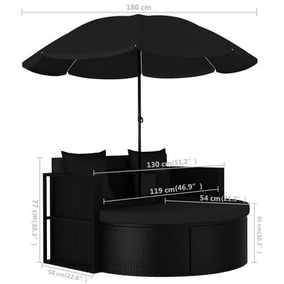 vidaXL Pat de grădină cu umbrelă de soare, negru, poliratan