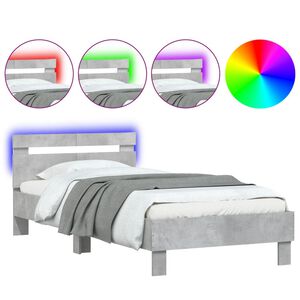 vidaXL Cadru de pat cu tăblie și lumini LED, gri beton, 100x200 cm