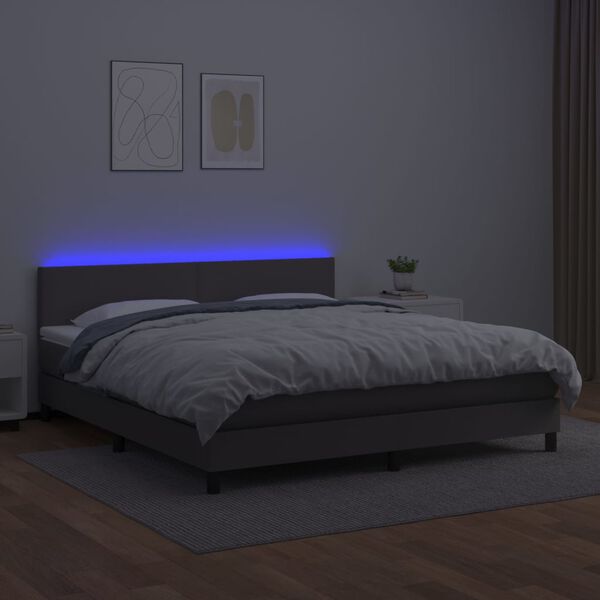 vidaXL Pat cu arcuri, saltea și LED, gri, 180x200 cm, piele ecologică