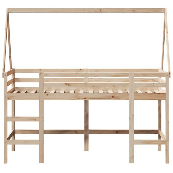 vidaXL Pat etajat cu scară și acoperiș, alb, 90x190 cm, lemn masiv pin
