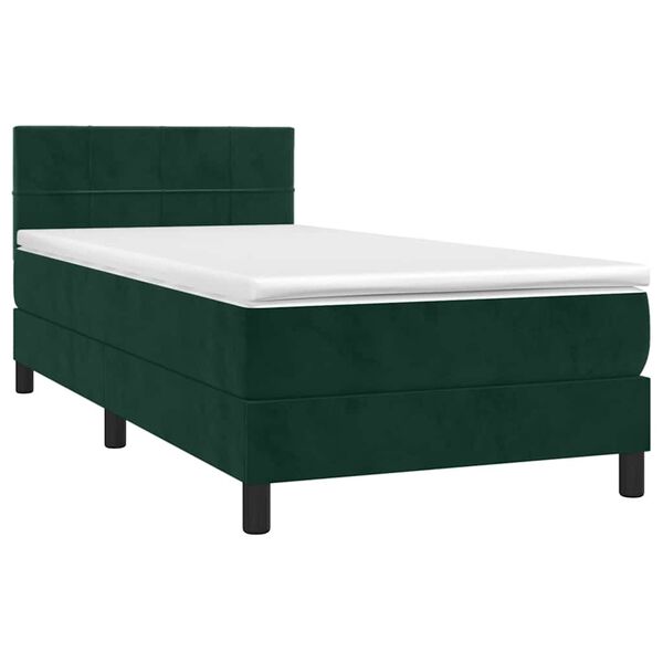 vidaXL Pat box spring cu saltea, verde &icirc;nchis, 90x200 cm, catifea