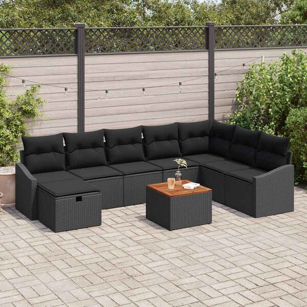 vidaXL Set de canapele pentru grădină cu pernă 9 pcs Negru Rattan poli