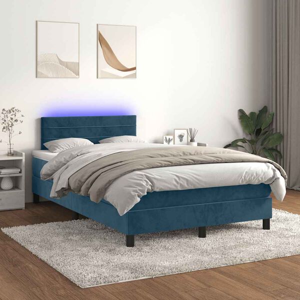 vidaXL Pat box spring cu saltea/LED albastru &icirc;nchis 120x190cm catifea