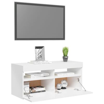vidaXL Comodă TV cu lumini LED, alb extralucios, 90x35x40 cm