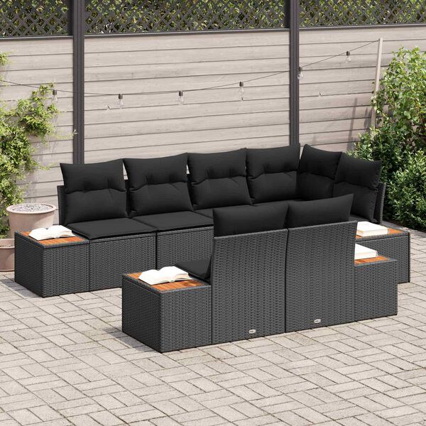 vidaXL Set de canapele pentru grădină cu pernă 7 pcs Negru Poliratan