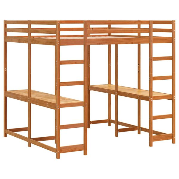 vidaXL Pat supraetajat cu birou/scară maro ceruit 200x200 cm, lemn pin