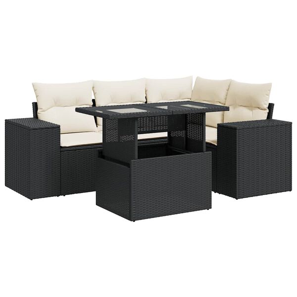 vidaXL Set mobilier de grădină cu perne, 5 piese, negru, poliratan