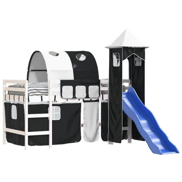 vidaXL Pat etajat de copii cu turn alb/negru 90x190 cm lemn masiv pin