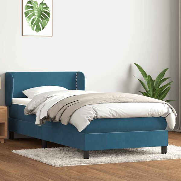 vidaXL Pat box spring cu saltea, albastru &icirc;nchis, 80x220 cm, catifea