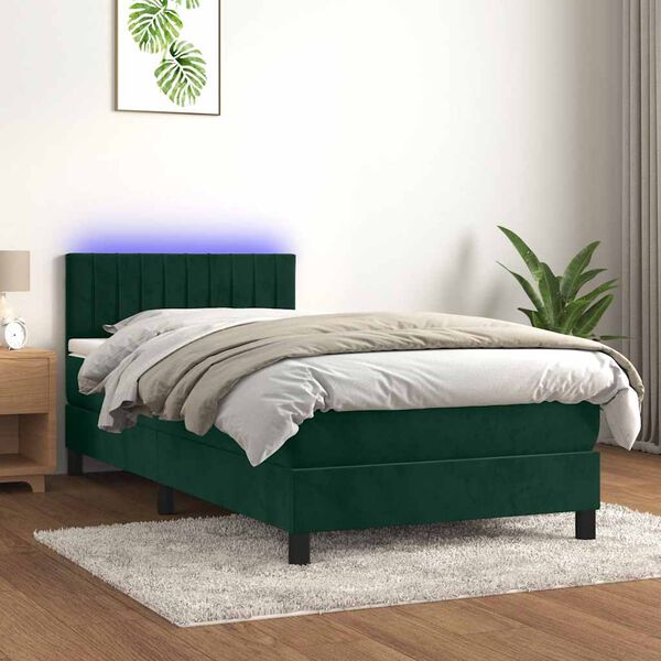 vidaXL Pat continental cu saltea și LED verde &icirc;nchis 80x200 cm catifea