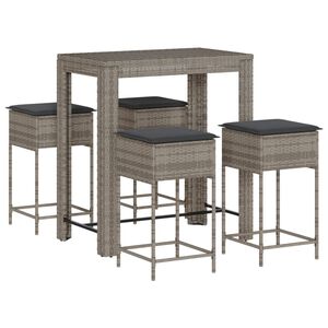 vidaXL Set mobilier bar de grădină, cu perne, 5 piese, gri, poliratan