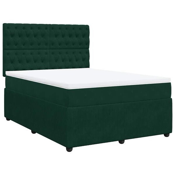 vidaXL Pat box spring cu saltea, verde &icirc;nchis, 140x190 cm, catifea