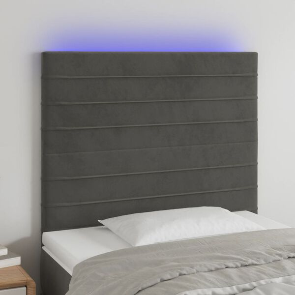 vidaXL Tăblie de pat cu LED, gri &icirc;nchis, 80x5x118/128 cm, catifea
