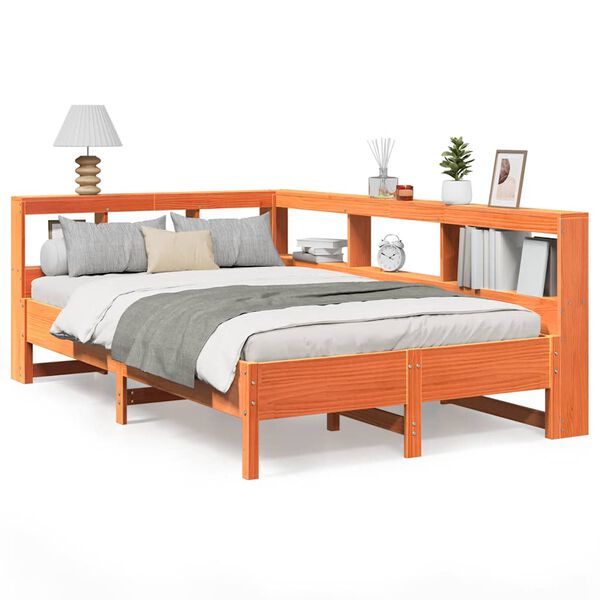 vidaXL Pat cu bibliotecă fără saltea, maro, 120x200 cm, lemn masiv pin