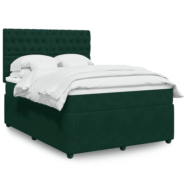 vidaXL Pat box spring cu saltea, verde &icirc;nchis, 140x190 cm, catifea
