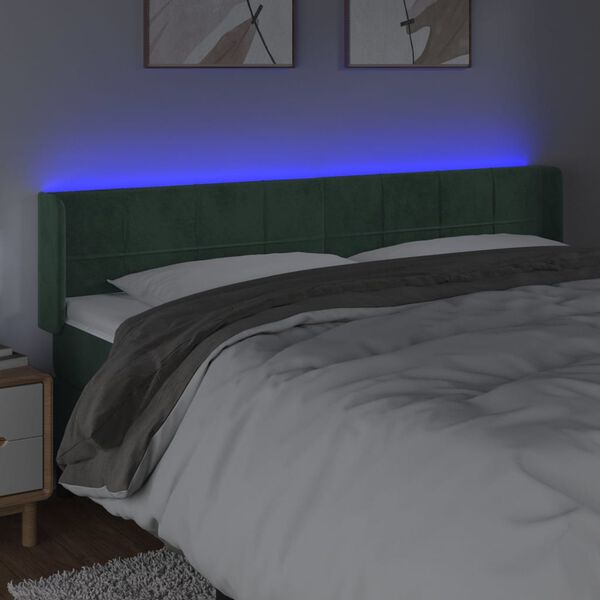 vidaXL Tăblie de pat cu LED, verde &icirc;nchis, 163x16x78/88 cm, catifea