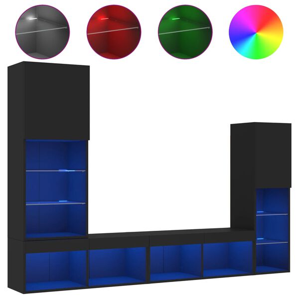 vidaXL Unități de perete TV cu LED-uri, 4 piese, negru, lemn prelucrat