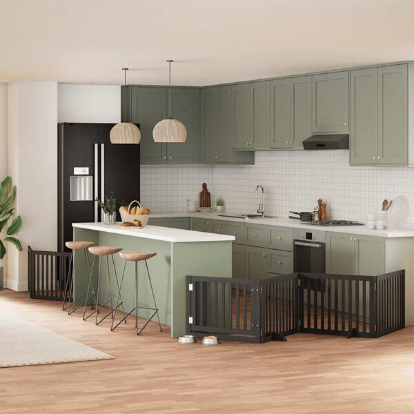 vidaXL Poartă c&acirc;ini pliabilă cu ușă 8 panouri negru 640 cm, lemn plop