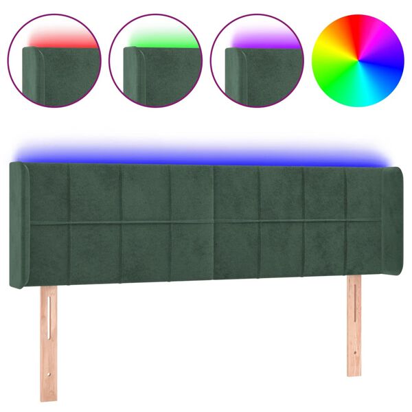 vidaXL Tăblie de pat cu LED, verde &icirc;nchis, 147x16x78/88 cm, catifea
