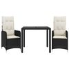 vidaXL Set bistro de grădină cu perne, 3 piese, negru, poliratan
