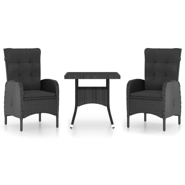 vidaXL Set mobilier grădină, 3 piese, negru, poliratan și sticlă