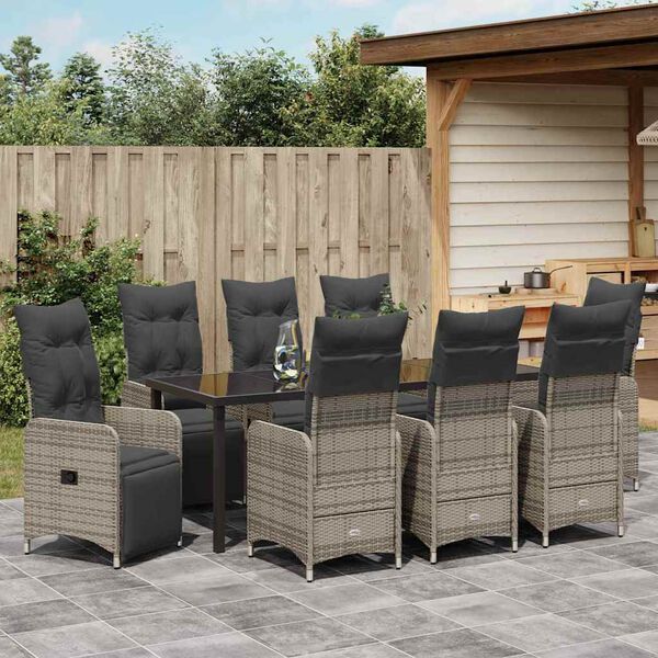 vidaXL Set de masă pentru grădină cu pernă 9 pcs Gri Rattan poli