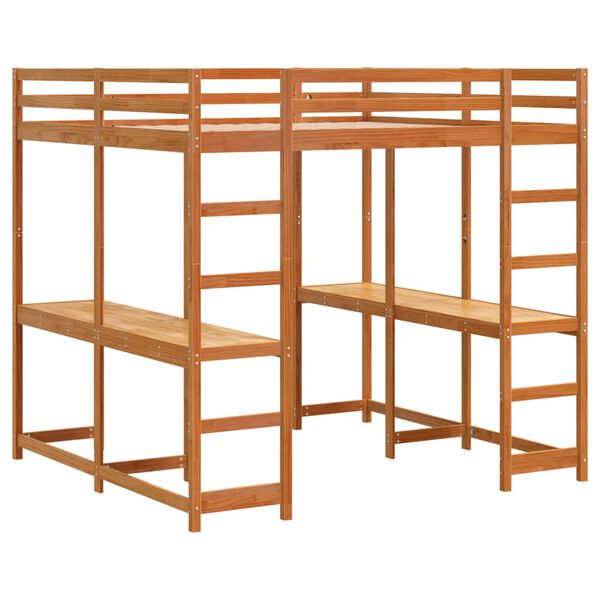 vidaXL Pat supraetajat cu birou/scară maro ceruit 160x200 cm, lemn pin