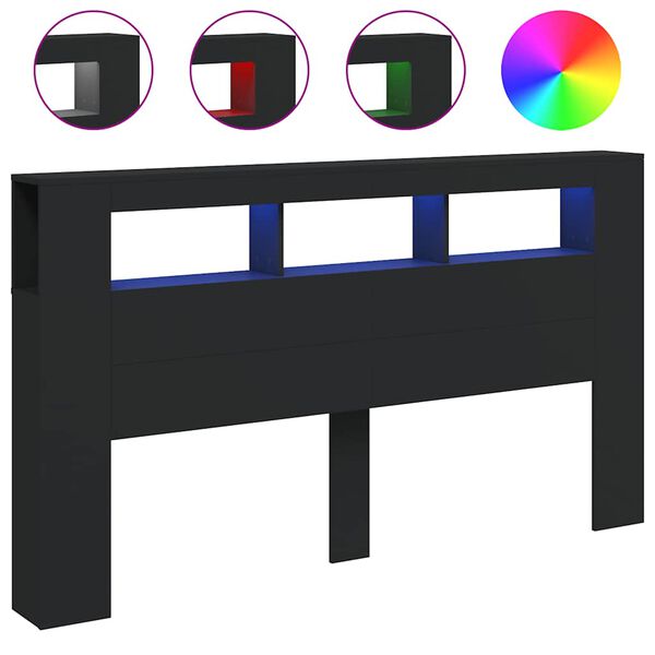 vidaXL Tăblie de pat cu LED, negru, 180x18,5x103,5 cm, lemn