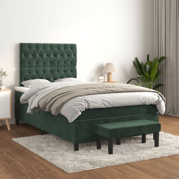 vidaXL Pat box spring cu saltea, verde &icirc;nchis, 120x200 cm, catifea