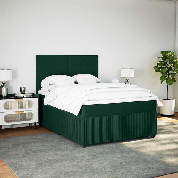 vidaXL Pat box spring cu saltea, verde &icirc;nchis, 140x200 cm, catifea