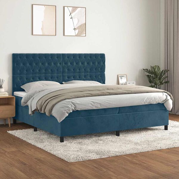 vidaXL Pat box spring cu saltea, albastru &icirc;nchis, 200x200 cm, catifea