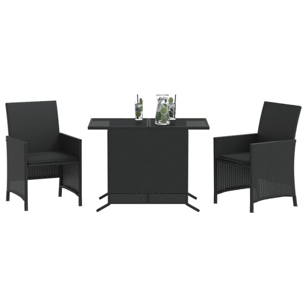vidaXL Set bistro cu perne, 3 piese, negru, poliratan